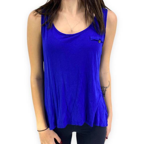 E&M Blue Sleeveless Scoop Neck Lattice Back Tank Top Blouse - Picture 6 of 6